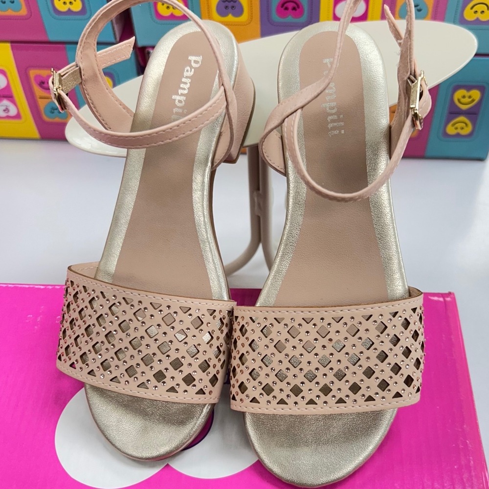 Pampili Girls Pink Gold Laser Cut Rhinestone Block Heel Dress Sandals Size 1